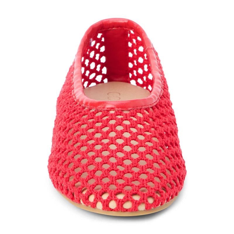 Red woven mesh flat shoe with breathable netting and leather trim, front view showing open-toe design