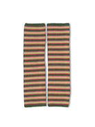 Striped knit leg warmers in green, pink, and yellow horizontal stripes with ribbed texture