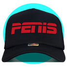 Black trucker hat with red PETIS logo on front panel, mesh back, curved brim