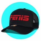 Black mesh trucker hat with red FETIIS logo on front panel against turquoise background