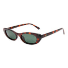 Sunglasses with tortoiseshell frame and green lenses on a white background