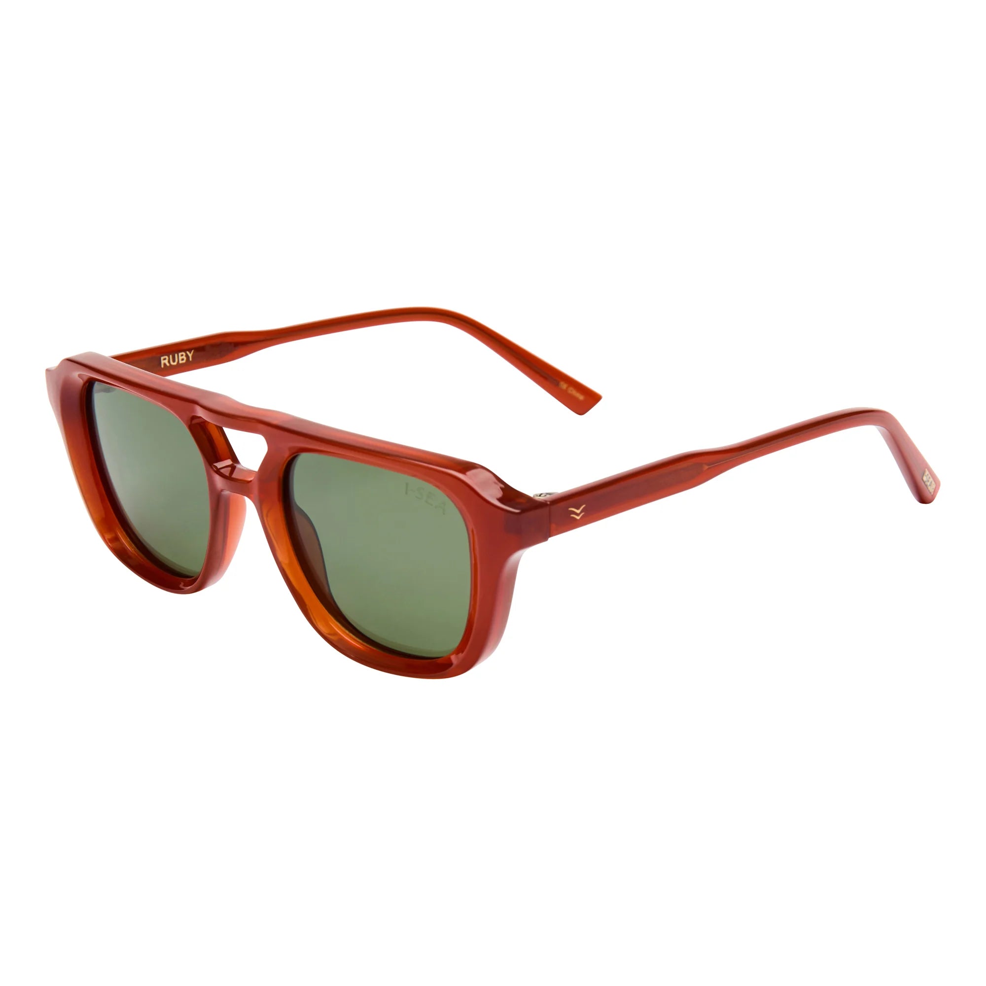 Red-orange acetate aviator sunglasses with green lenses and distinctive double bridge design, shown at an angle