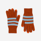 Orange and light blue striped knit gloves with ribbed cuffs displayed on white background