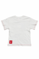 White t-shirt with red trim on a white background