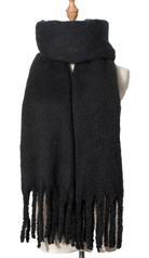 Black knit scarf with fringe tassels displayed on mannequin bust with wooden stand