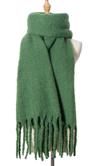 Green wool scarf with fringe detail displayed on mannequin, showing soft textured fabric and long length