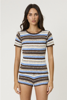 Striped knit lounge set with short-sleeve top and shorts in blue, brown, and cream horizontal stripes