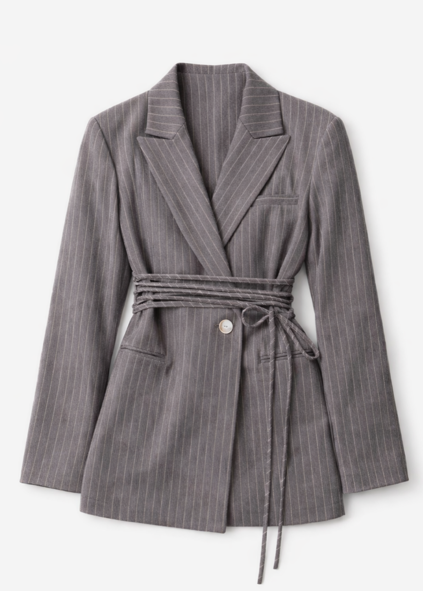 Gray pinstripe blazer with notched lapels, tie waist belt, and single button closure