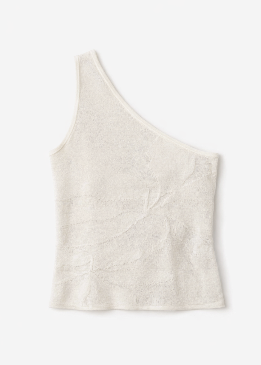 White one-shoulder glitter top with asymmetric neckline and fitted silhouette