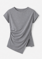 Gray short-sleeve t-shirt with asymmetric twisted hem and side slit detail, made from soft heathered fabric