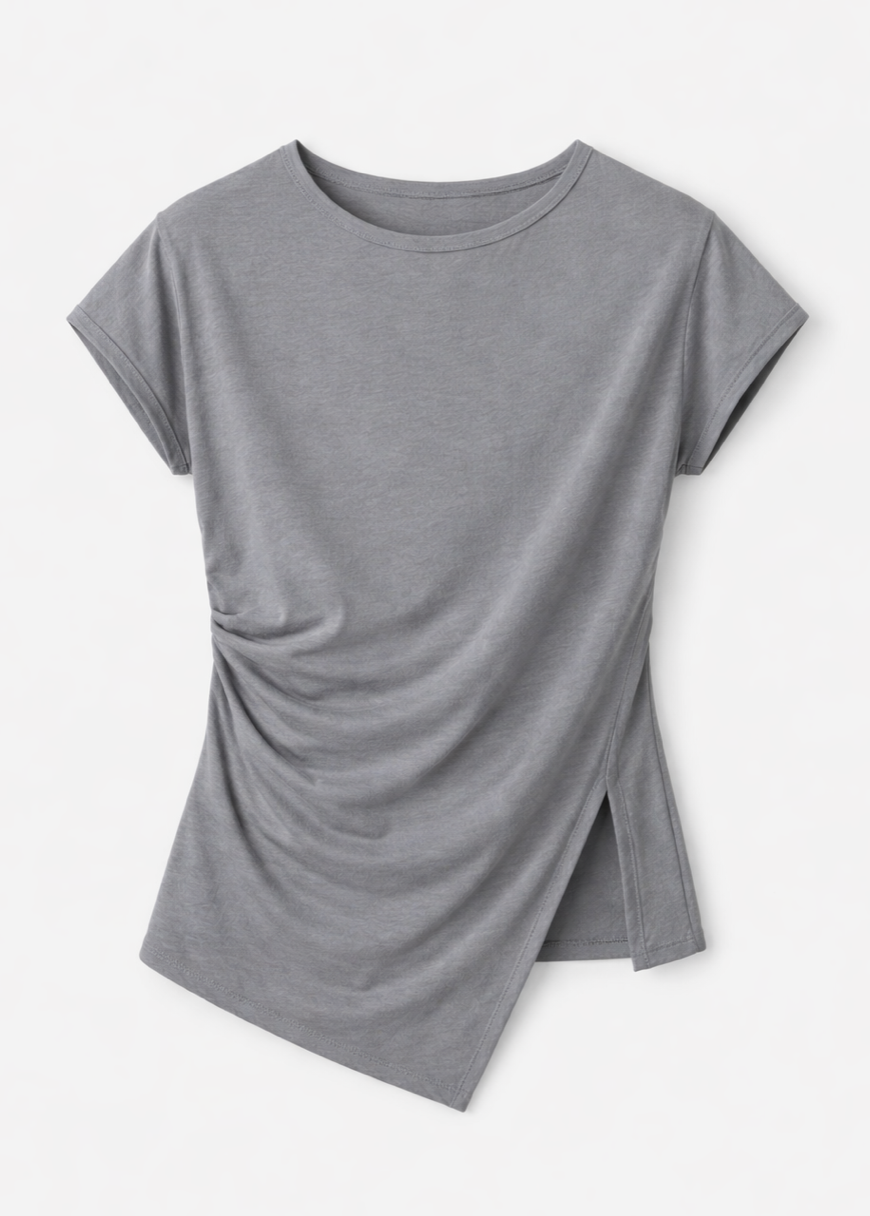 Gray short-sleeve t-shirt with asymmetric twisted hem and side slit detail, made from soft heathered fabric