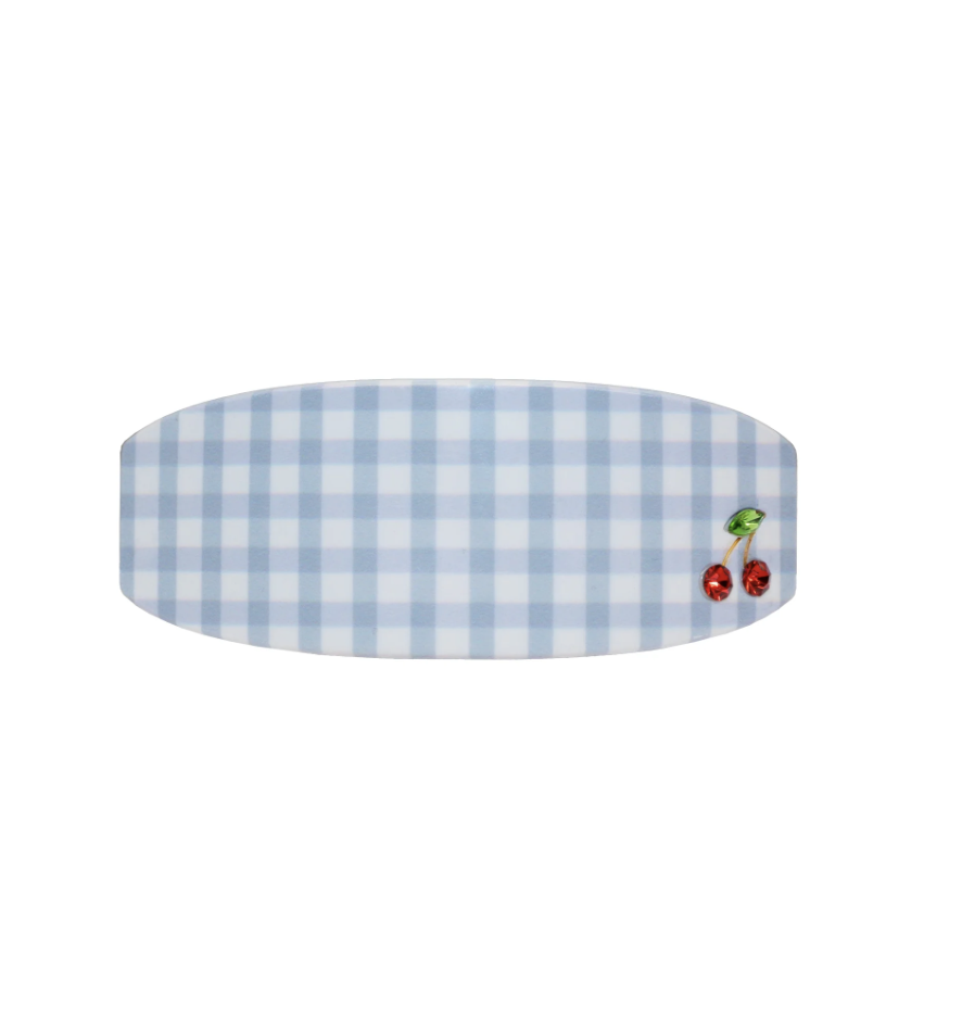 Blue gingham check oval serving platter with small cherry embellishment on white background