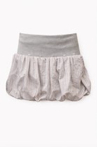 Gray and white striped bubble skirt with ribbed waistband and button details