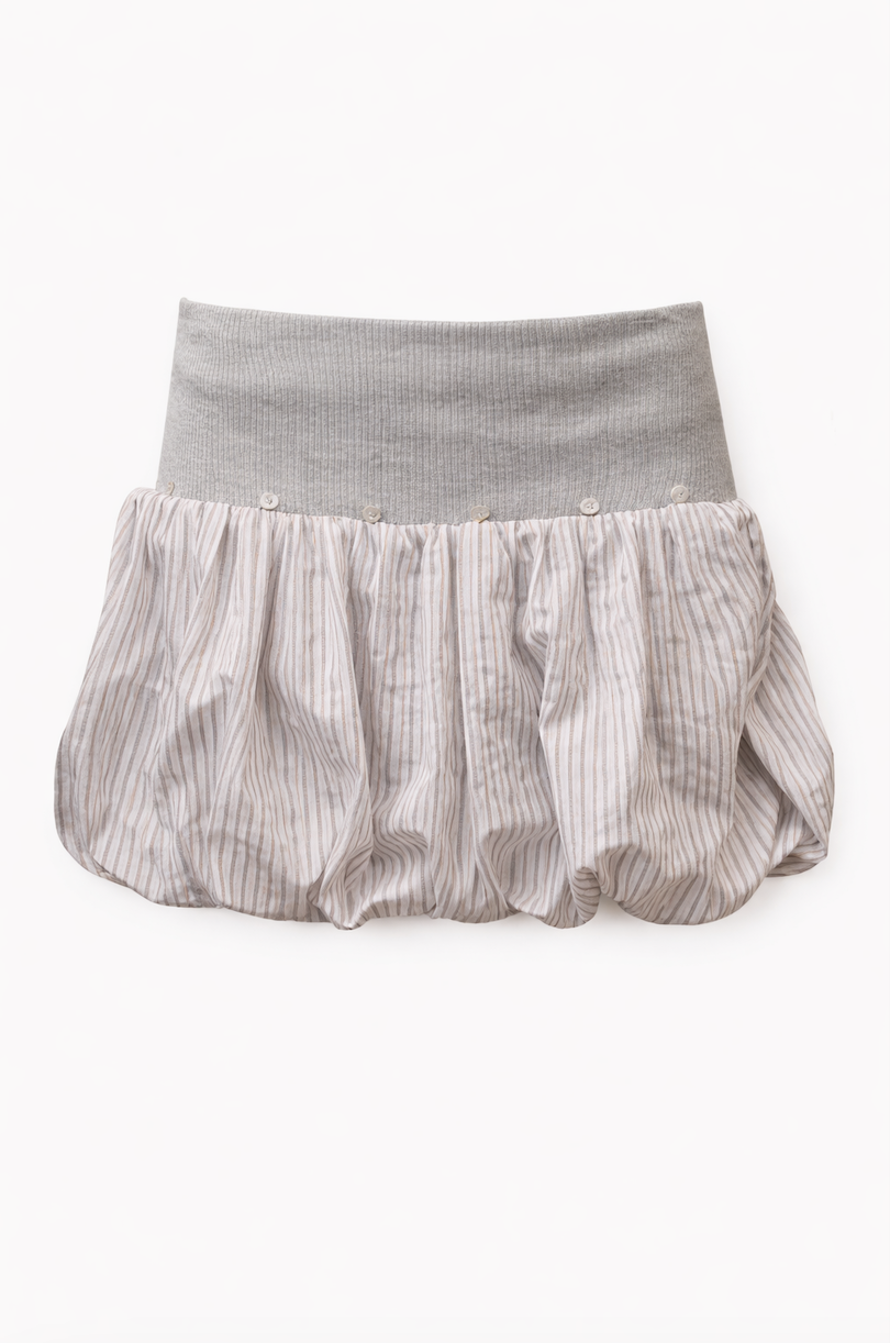 Gray and white striped bubble skirt with ribbed waistband and button details