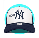 Navy blue and white New York Yankees trucker hat with mesh back panels and turquoise accent trim on crown