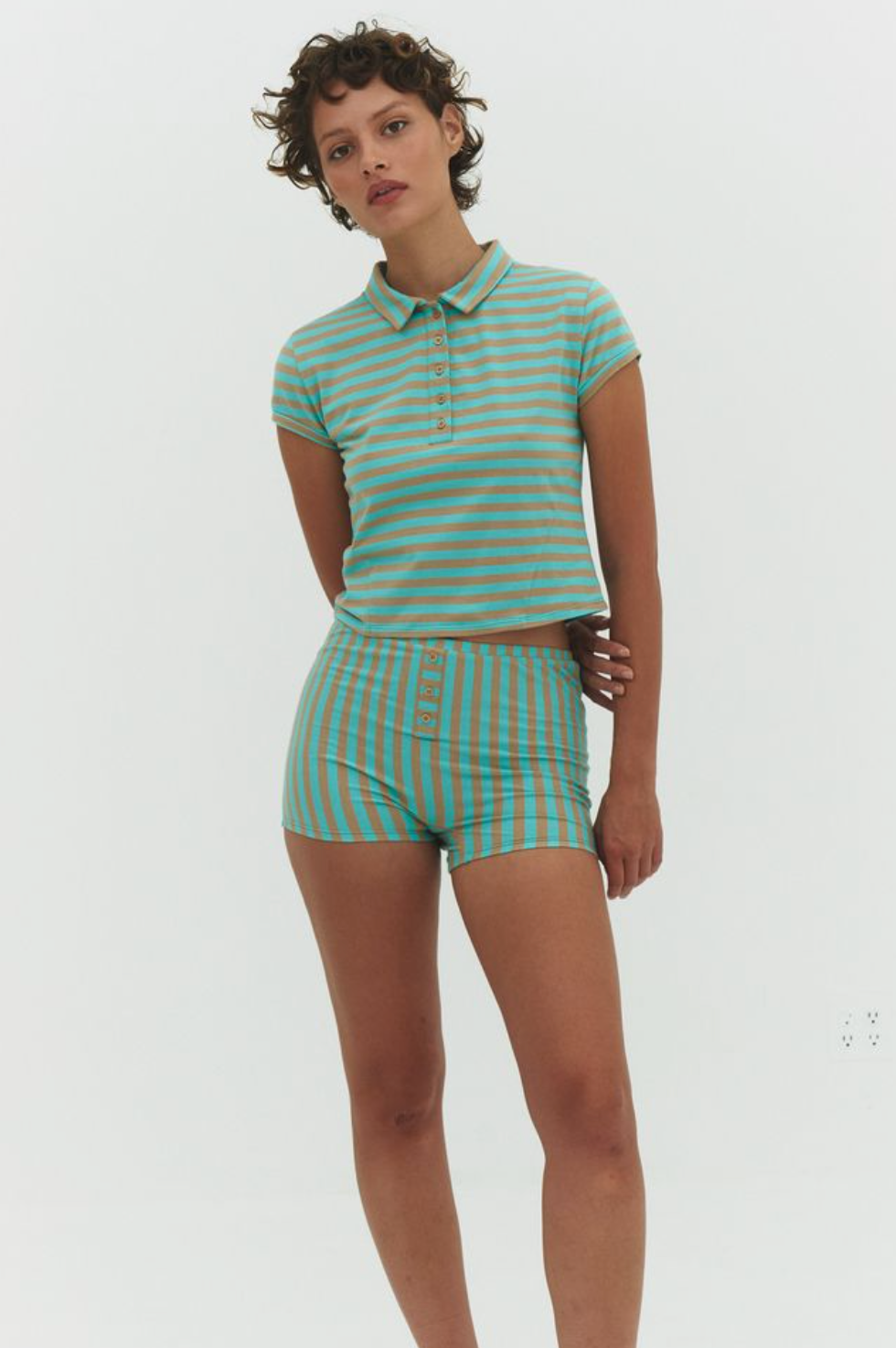 Turquoise and brown striped knit polo top and matching shorts set with button details