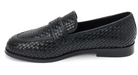 Black woven leather loafer with basketweave pattern and slip-on design, shown from side view against white background