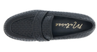 Black woven loafer with basketweave texture and gold script logo inside, viewed from above