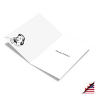 White greeting card with vintage illustration of woman on phone and "Happee Birthday!" text inside