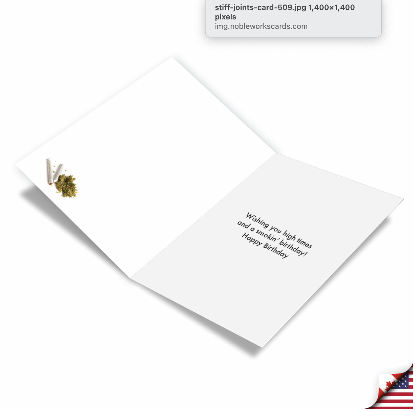 White greeting card with cannabis joint and bud image, opened to show inside message about high times and smoking birthday