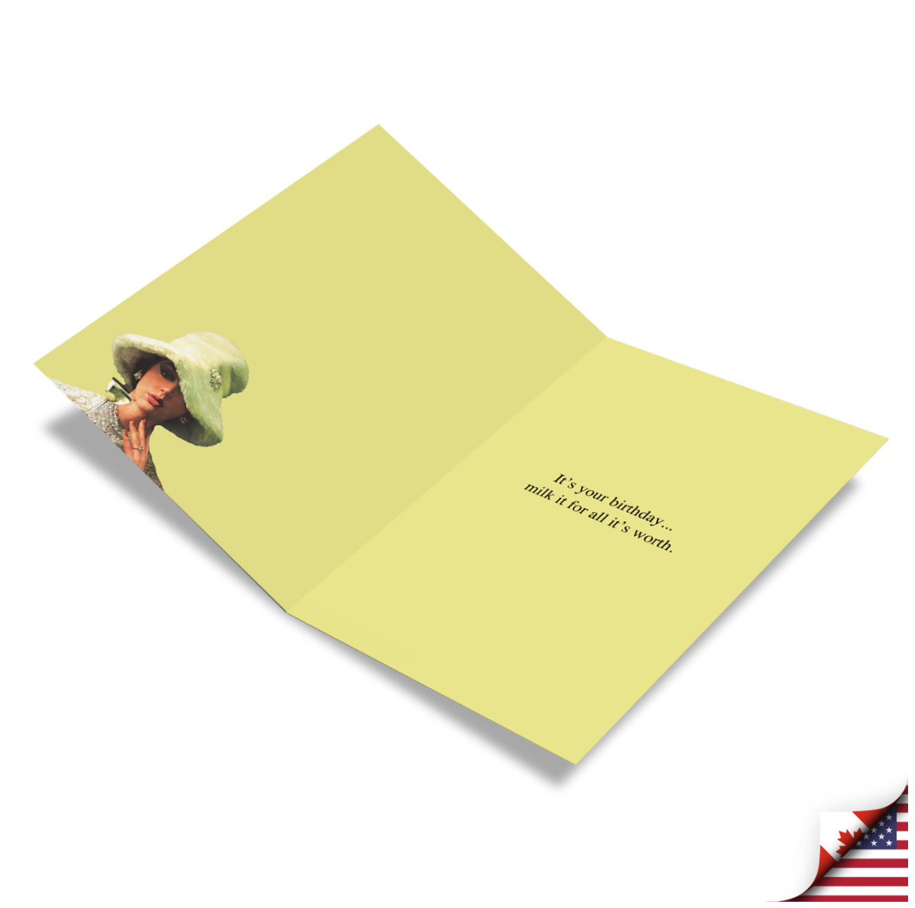 Yellow greeting card with pop-up figure and text reading "It's your birthday... milk it for all it's worth"