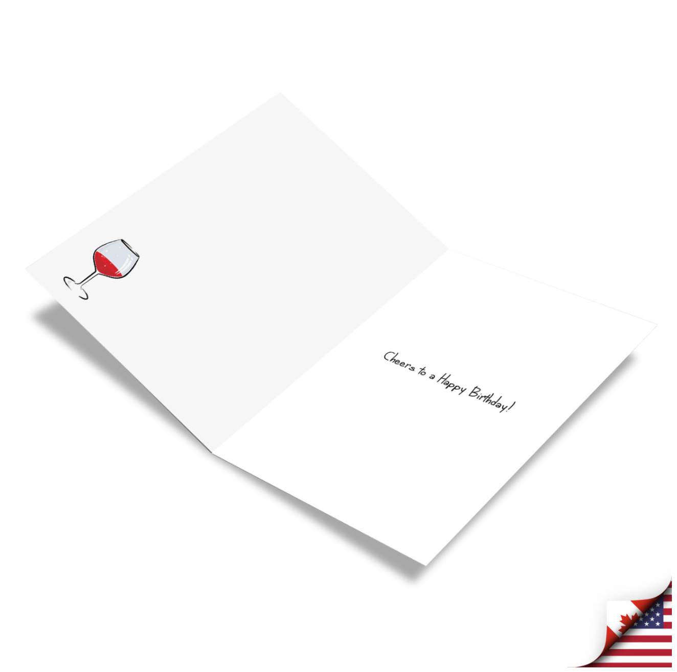 White greeting card with tilted wine glass illustration on front and "Cheers to a Happy Birthday!" message inside