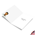 White greeting card with illustrated woman peeking from corner, text reads "Happy Birthday Kiss Kiss" inside