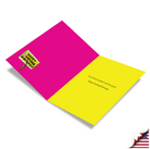 Bright pink and yellow birthday card featuring a protest sign illustration with text "Do I have to yell? It cut! For you! Happy Fucking Birthday!"