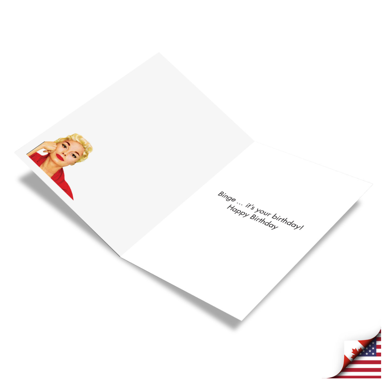 Open white greeting card with retro blonde woman illustration and text "Binge...it's your birthday! Happy Birthday"