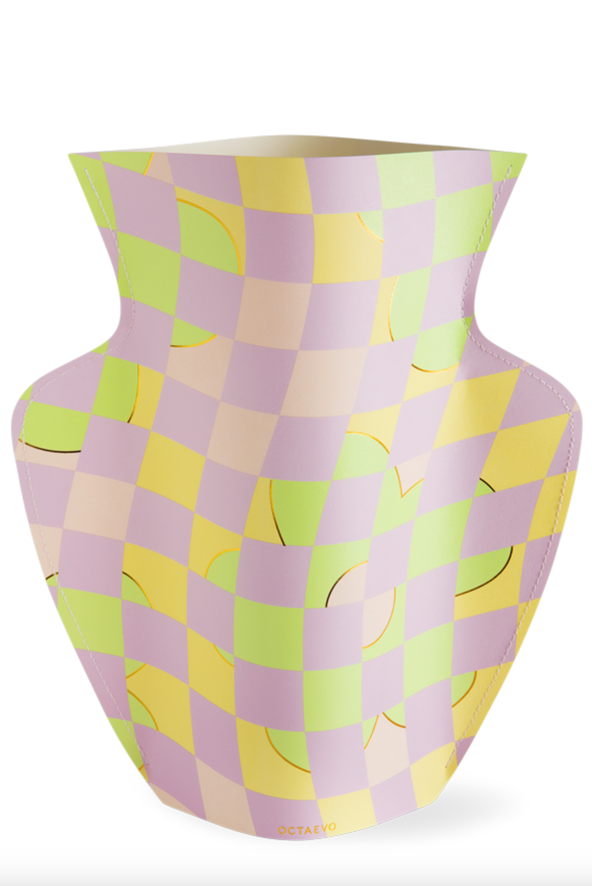 Colorful woven paper vase with pastel checkered pattern in pink, yellow, and green tones featuring a wide rim and narrow waist