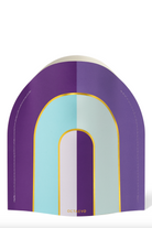 Purple and teal geometric arch-shaped decorative object with gold trim and OCTAEVO branding at base