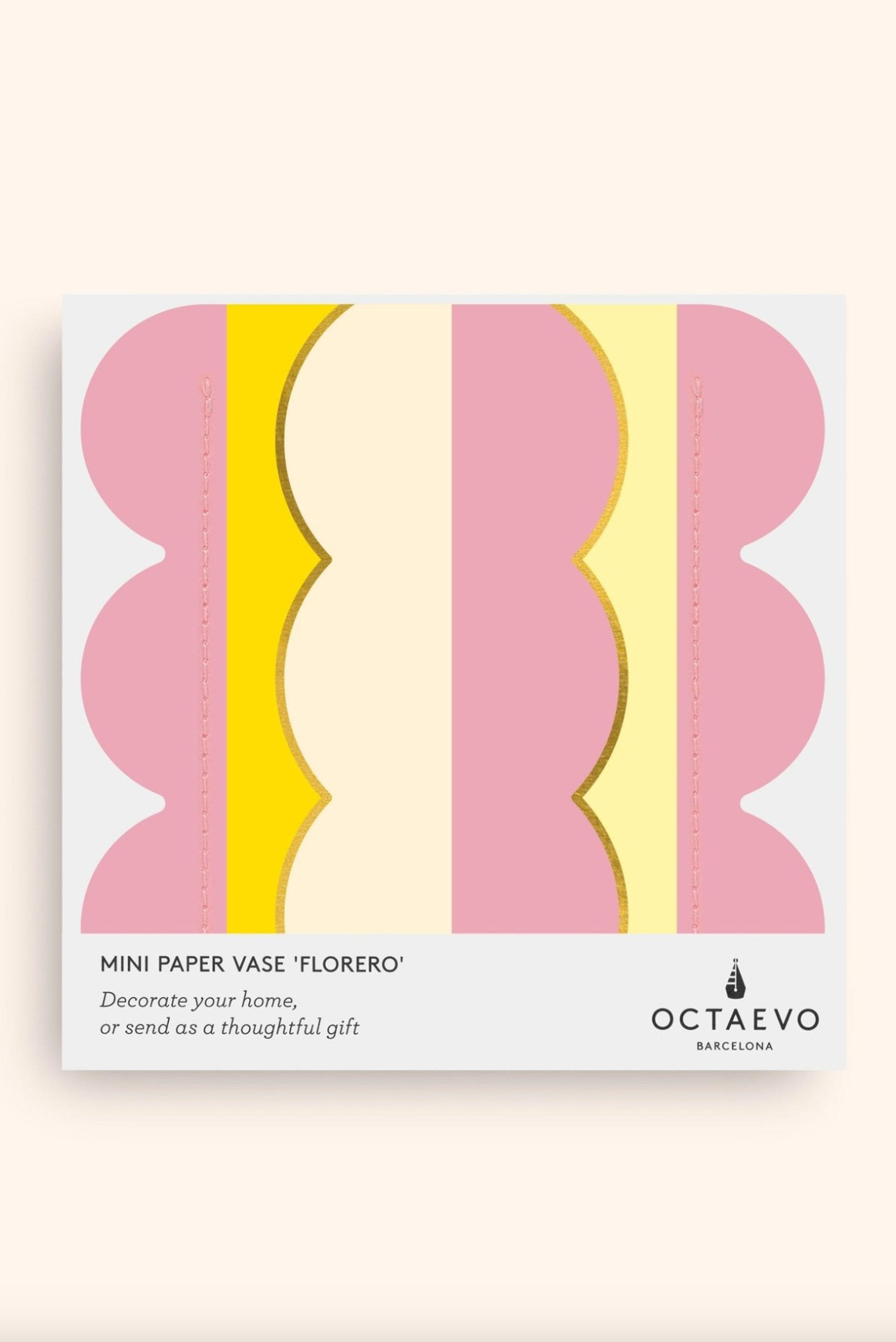 Flat-packed mini paper vase with colorful wavy stripes in pink, yellow, and cream, labeled Florero by Octaevo Barcelona