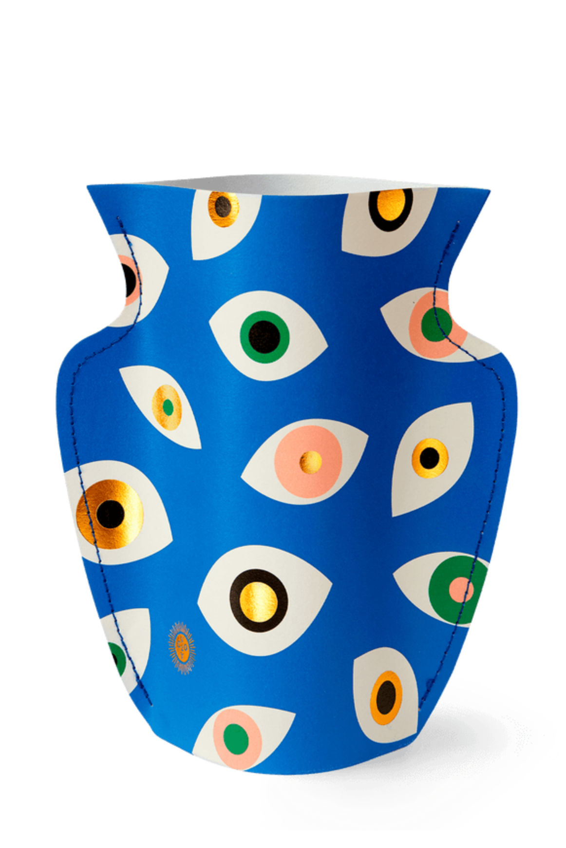 Blue fabric vase with colorful eye pattern design featuring white, green, orange, yellow and black iris details