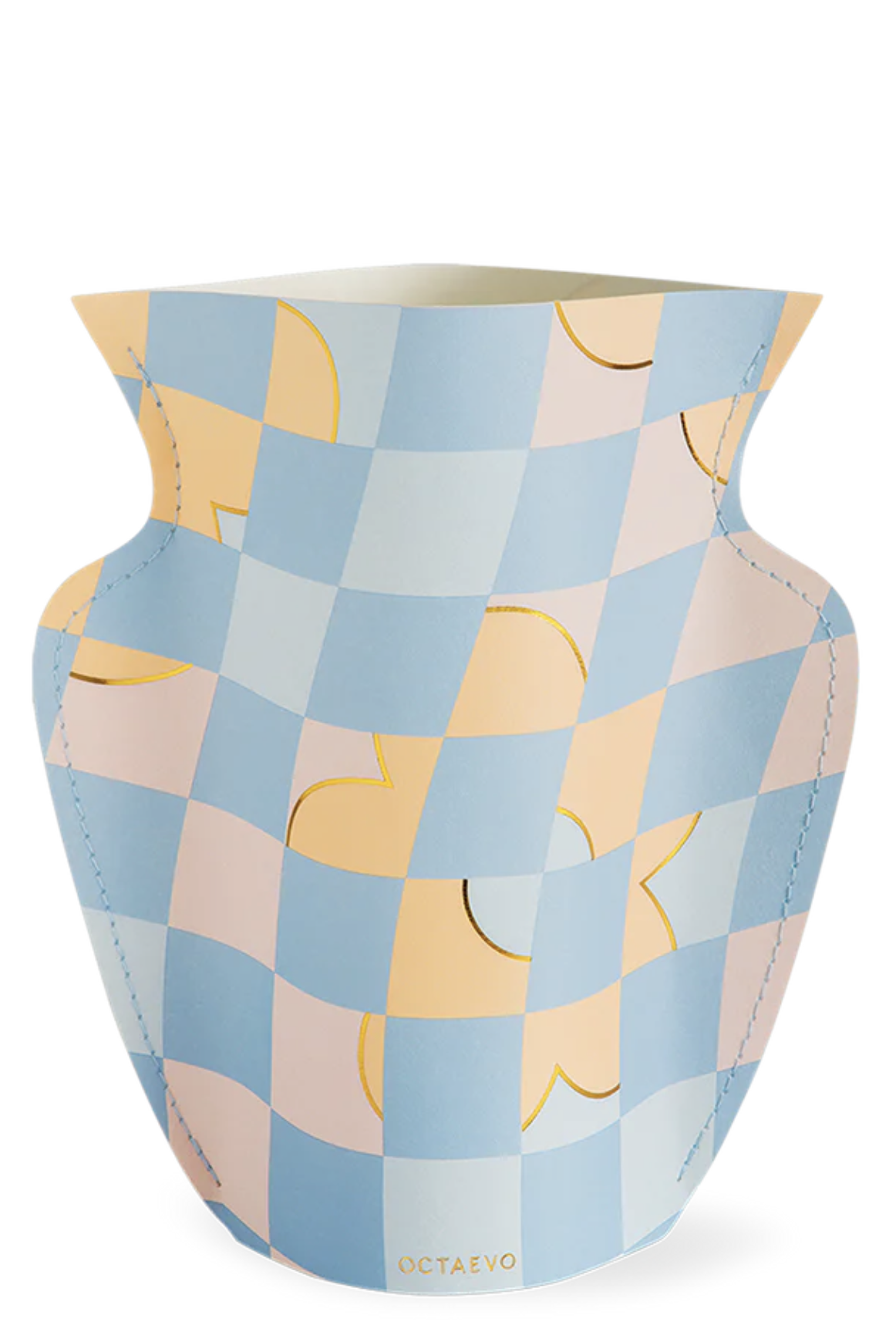 Paper vase with geometric pattern in pastel blue, peach, and yellow with curved line details and decorative stitching