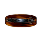 Tortoiseshell brown hair barrette clip with silver metal clasp mechanism, oval shaped accessory shown from back view