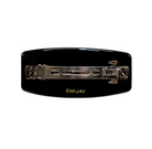 Black glossy hair barrette with silver metal clasp and EMIJAY branding in gold text