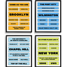 Four framed subway-style typographic prints featuring Brooklyn, Wilmington, Chapel Hill, and New York with neighborhood names in orange, blue, and yellow