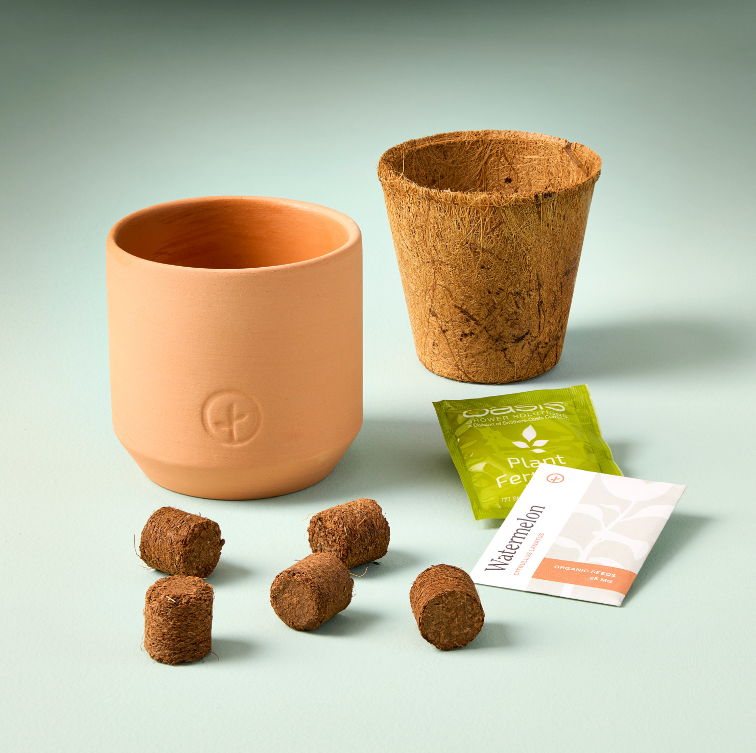 Terra cotta planter with coconut fiber liner, soil pellets, and seed packets on light background