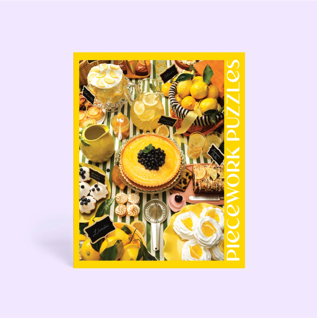 Colorful jigsaw puzzle featuring a lemon-themed dessert table with cakes, tarts, drinks, and citrus fruits on yellow border