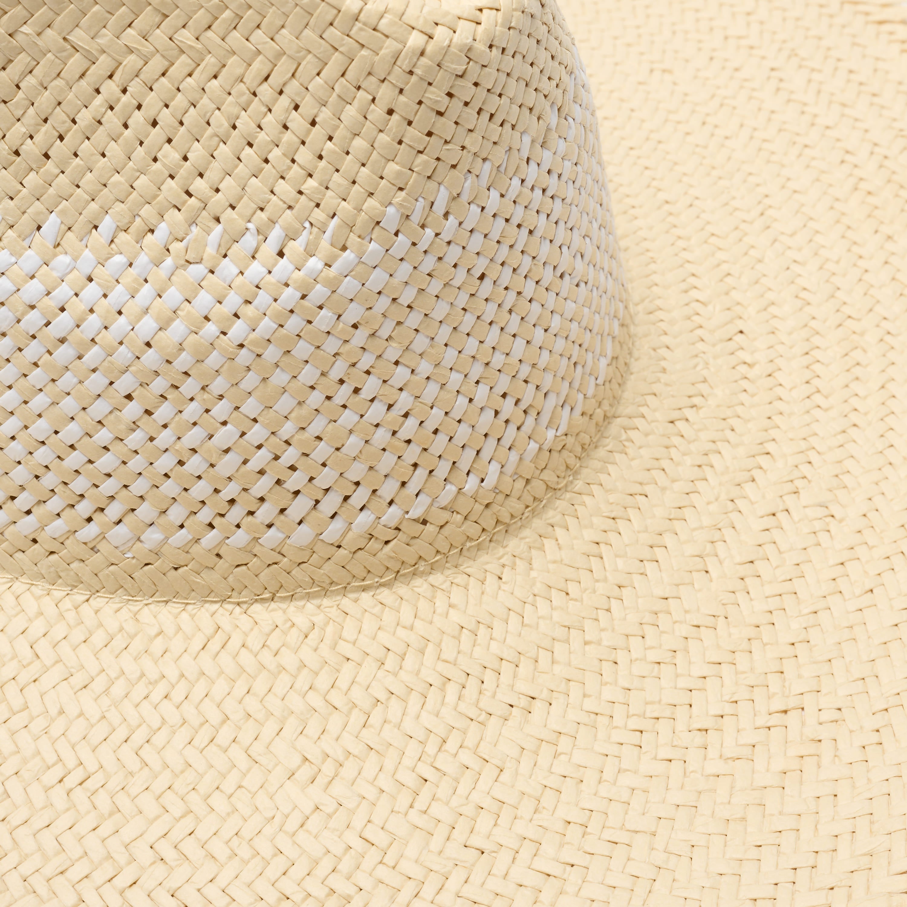 Close-up of a woven straw hat on a matching beige background