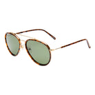 Sunglasses with tortoiseshell frame and green lenses on a white background