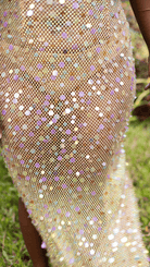 Gold mesh sequin skirt with iridescent purple and white sequins, fitted bodycon style