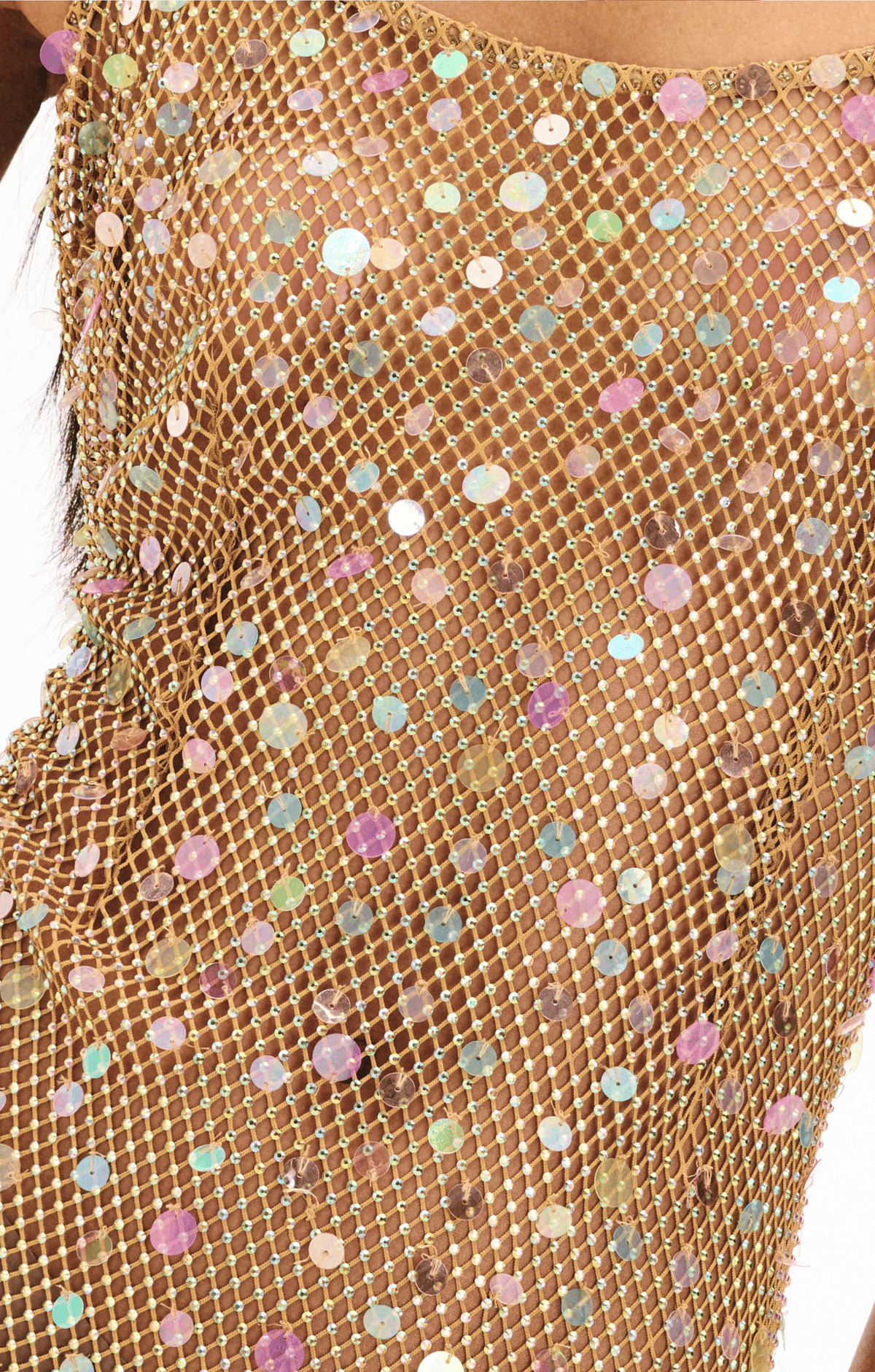 Gold chainmail mesh fabric with iridescent pastel sequins in pink, blue, and purple