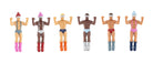 Six muscular figure toys with ski goggles and boots in various skin tones, wearing colorful swimwear and winter accessories