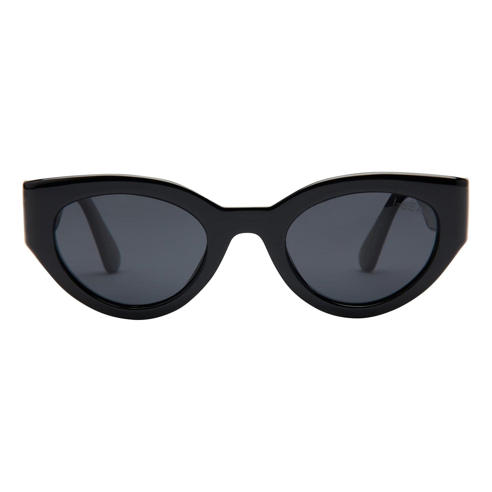 Black sunglasses with dark lenses on a white background