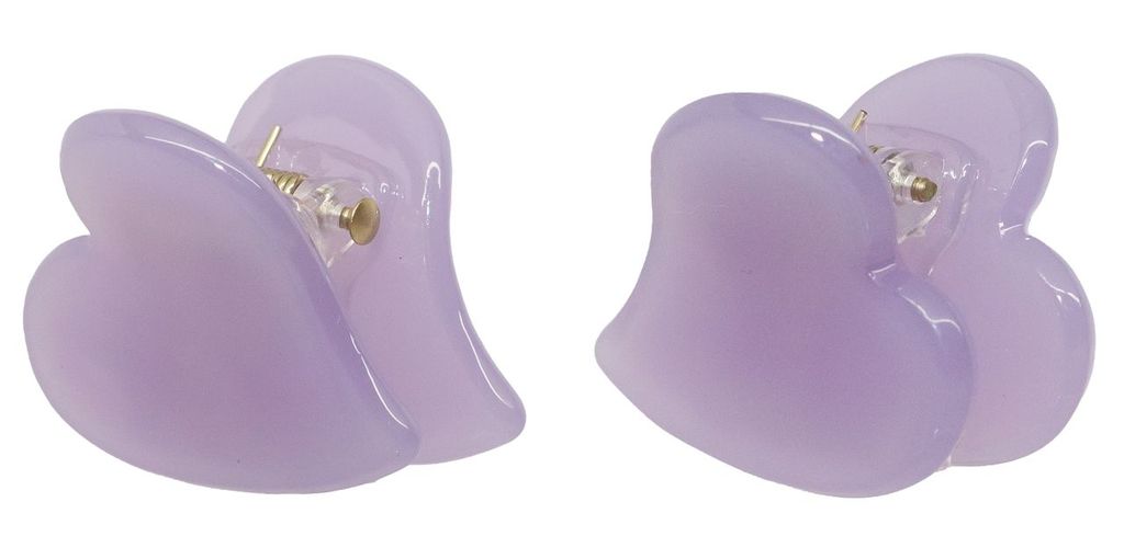 Purple resin flower-shaped stud earrings with gold-tone post backs, shown from front and back views