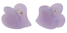 Purple resin flower-shaped stud earrings with gold-tone post backs, shown from front and back views
