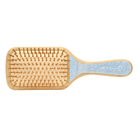 Wooden paddle hairbrush with bamboo bristles and light blue marbled handle featuring EM JAY branding