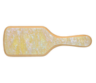 Rectangular wooden paddle hairbrush with natural wood grain and yellow-tinted finish, featuring EM JAY branding on handle