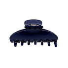 Navy blue plastic hair claw clip with metal clasp mechanism and curved teeth for securing hair